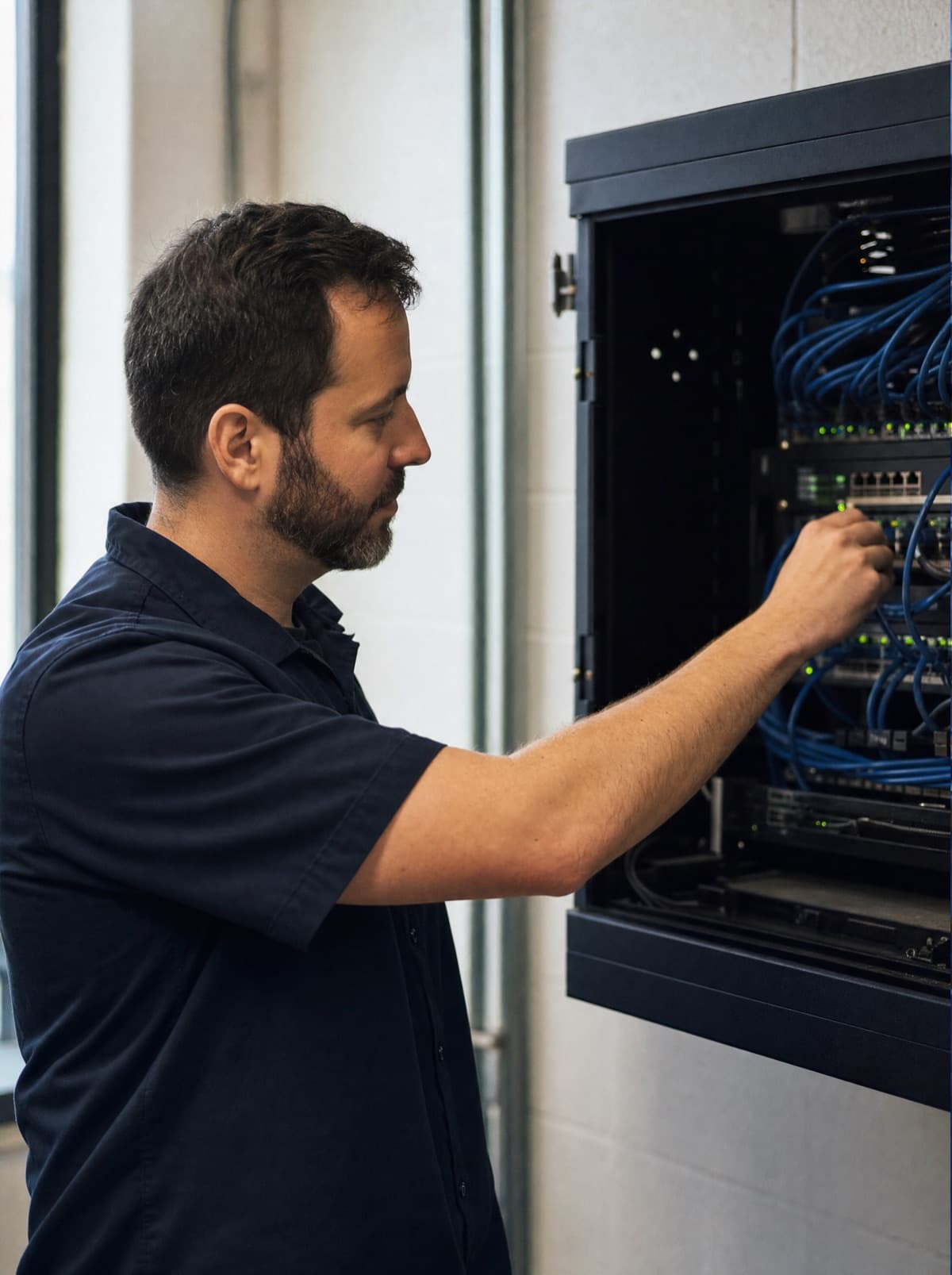 Techniker von NDVDL prüft einen Netzwerkschrank beim Kunden vor Ort
